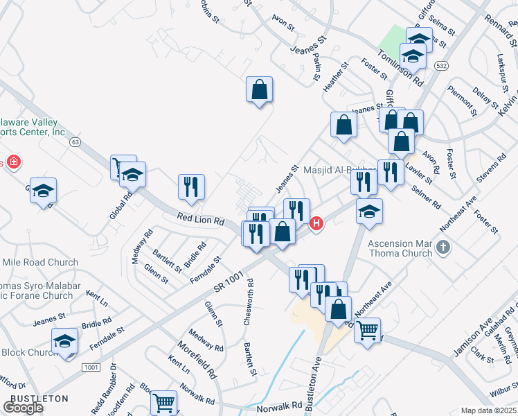 map of restaurants, bars, coffee shops, grocery stores, and more near 10022 Jeanes Street in Philadelphia