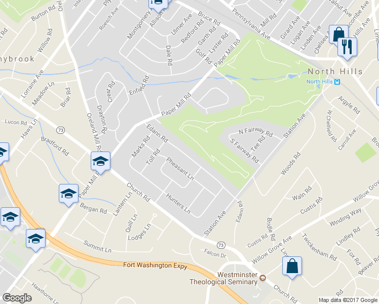 map of restaurants, bars, coffee shops, grocery stores, and more near 1011 Edann Road in Oreland