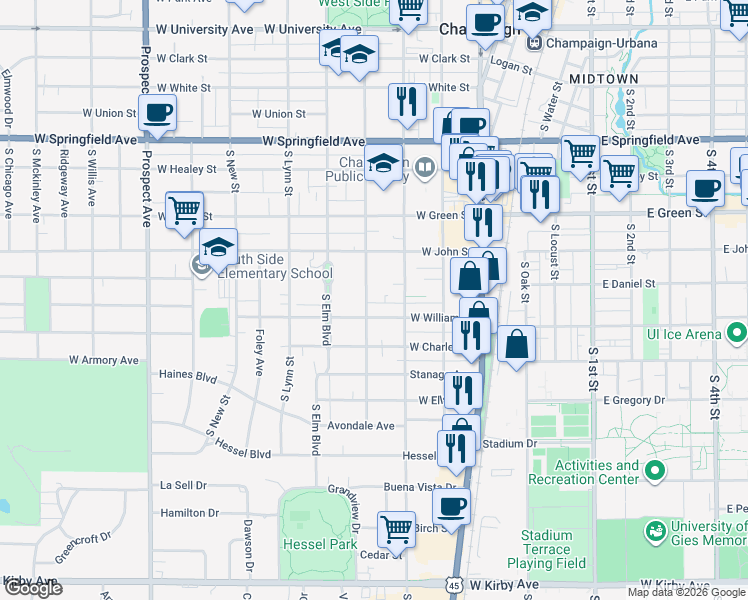 map of restaurants, bars, coffee shops, grocery stores, and more near 310 1/2 West William Street in Champaign