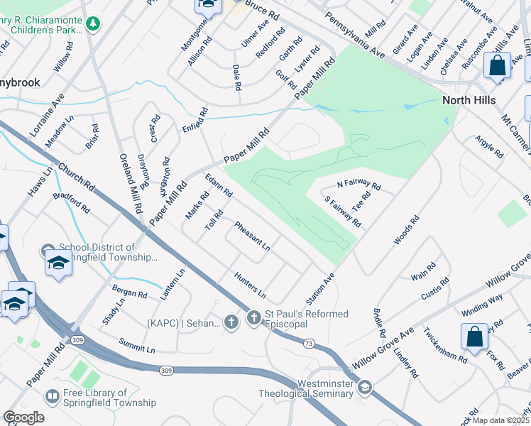 map of restaurants, bars, coffee shops, grocery stores, and more near 1011 Edann Road in Oreland