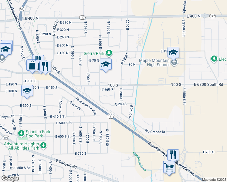 map of restaurants, bars, coffee shops, grocery stores, and more near 1889 East 230 South in Spanish Fork