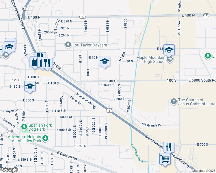 map of restaurants, bars, coffee shops, grocery stores, and more near 1889 East 230 South in Spanish Fork