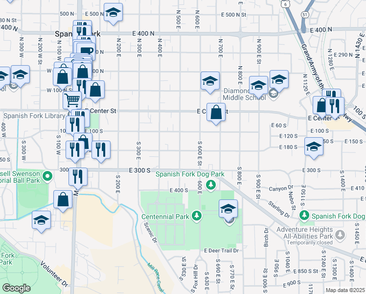 map of restaurants, bars, coffee shops, grocery stores, and more near 560 East 200 South in Spanish Fork