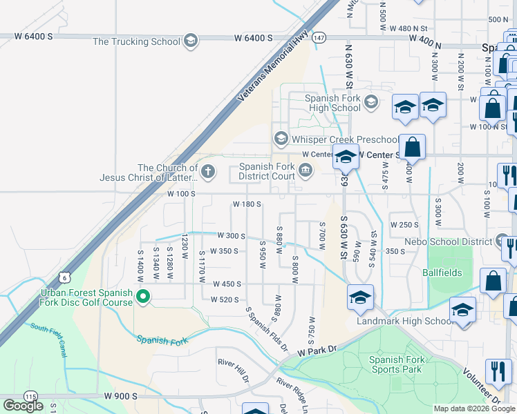 map of restaurants, bars, coffee shops, grocery stores, and more near 214 South 950 West in Spanish Fork