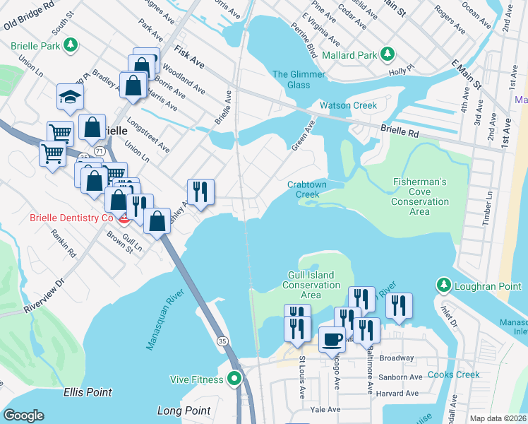 map of restaurants, bars, coffee shops, grocery stores, and more near 602 Green Avenue in Brielle