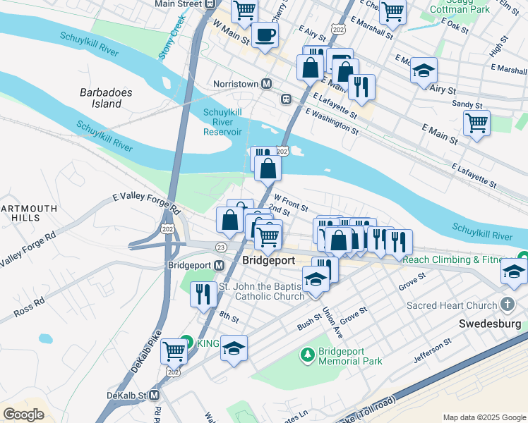 map of restaurants, bars, coffee shops, grocery stores, and more near 130 3rd Street in Bridgeport