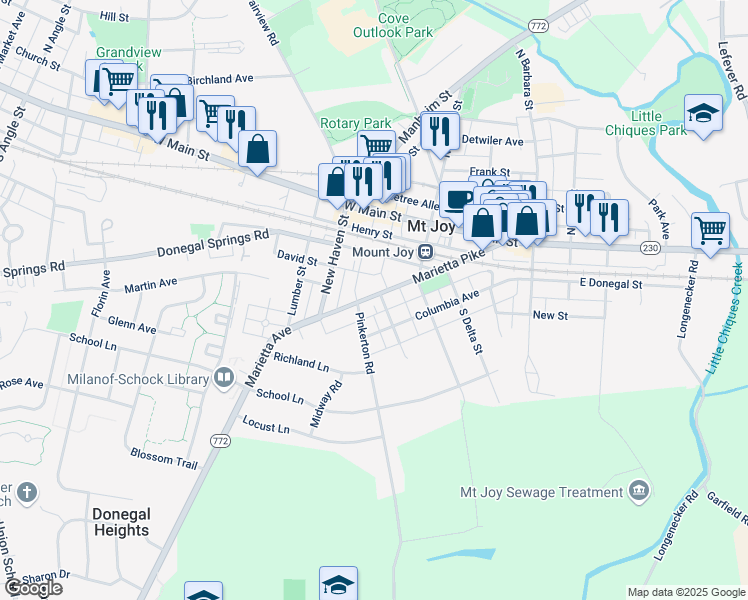 map of restaurants, bars, coffee shops, grocery stores, and more near 251 Oak Alley in Mount Joy