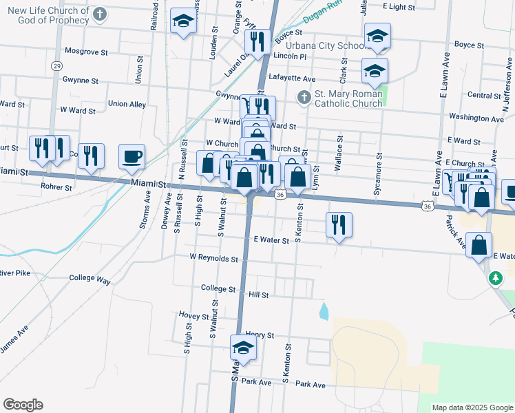 map of restaurants, bars, coffee shops, grocery stores, and more near 15 Monument Square in Urbana
