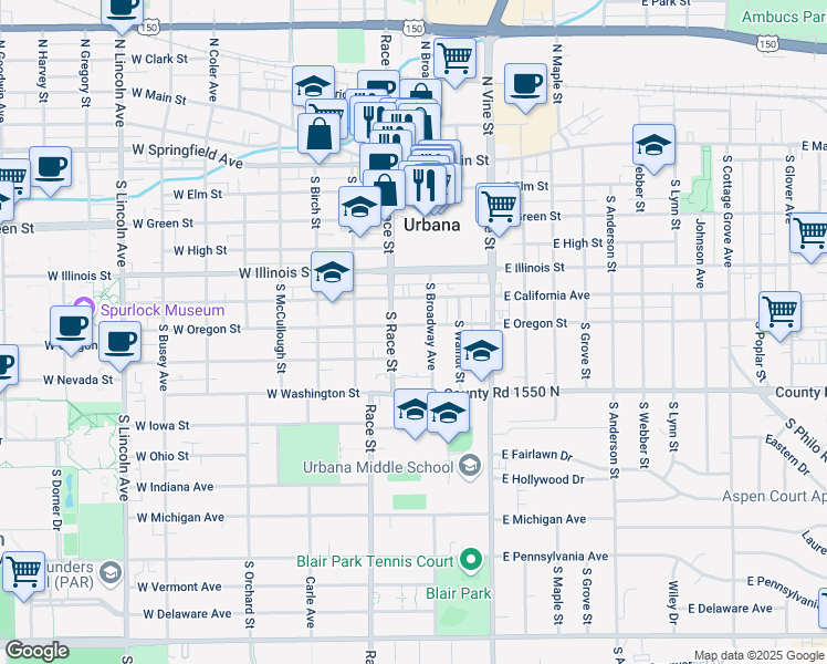 map of restaurants, bars, coffee shops, grocery stores, and more near 707 South Broadway Avenue in Urbana