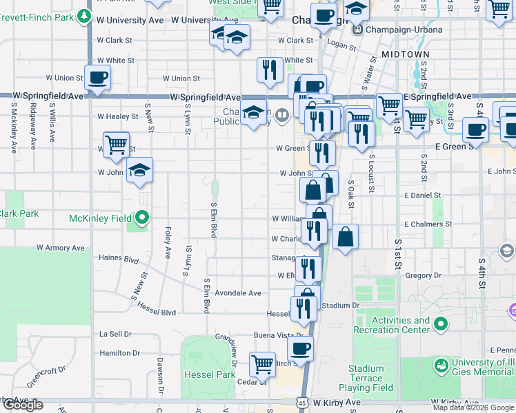map of restaurants, bars, coffee shops, grocery stores, and more near 310 1/2 West William Street in Champaign