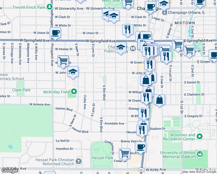 map of restaurants, bars, coffee shops, grocery stores, and more near 724 South Elm Boulevard in Champaign