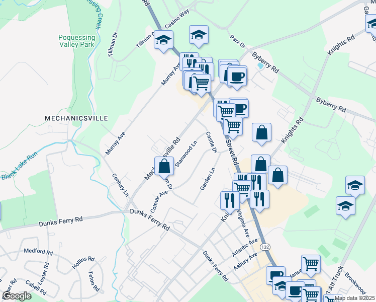 map of restaurants, bars, coffee shops, grocery stores, and more near 2799 Stanwood Lane in Bensalem