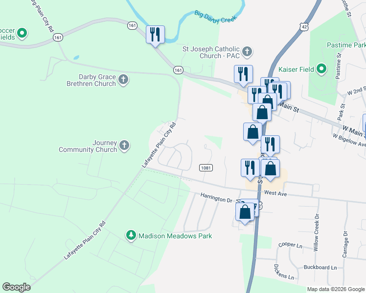 map of restaurants, bars, coffee shops, grocery stores, and more near 6215 Country Side Road in Plain City
