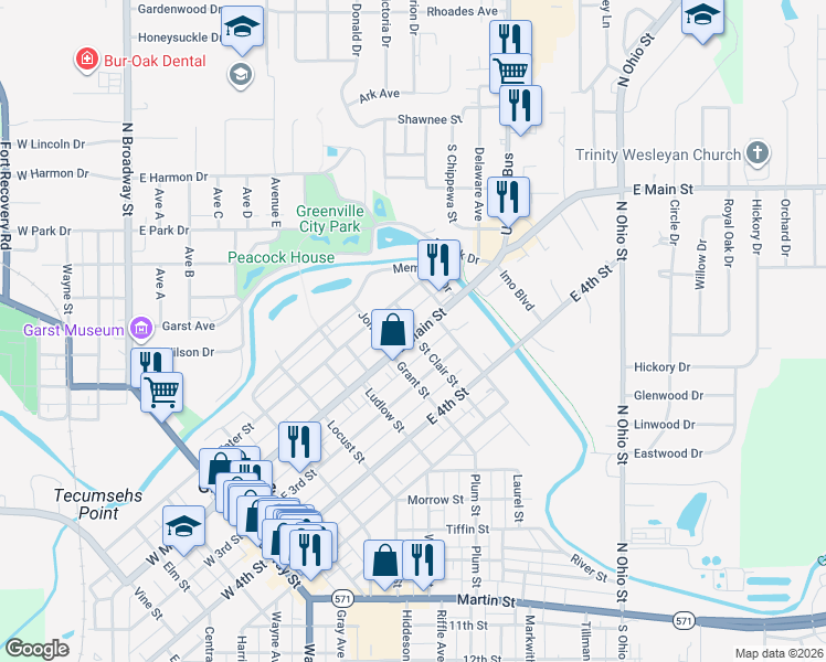 map of restaurants, bars, coffee shops, grocery stores, and more near 102 Saint Clair Street in Greenville