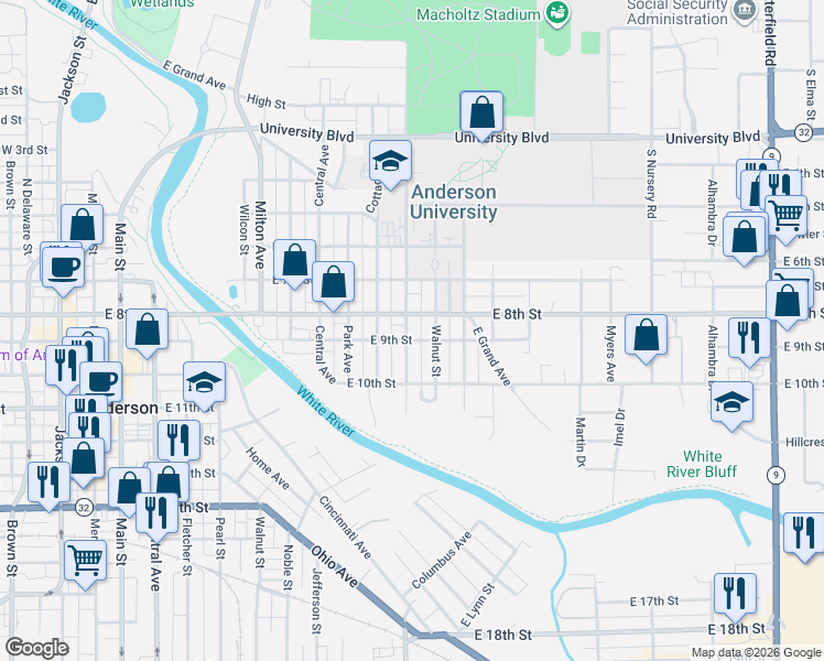 map of restaurants, bars, coffee shops, grocery stores, and more near 905 Walnut Street in Anderson