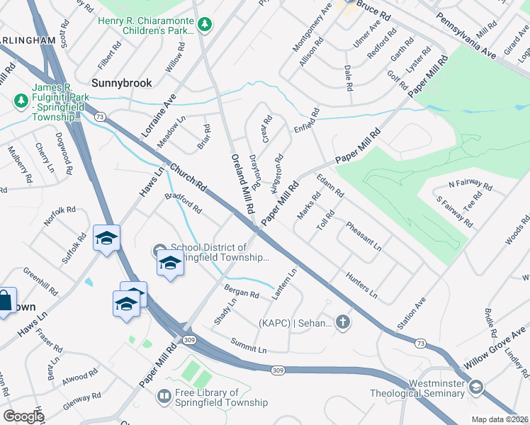 map of restaurants, bars, coffee shops, grocery stores, and more near 615 Paper Mill Road in Oreland