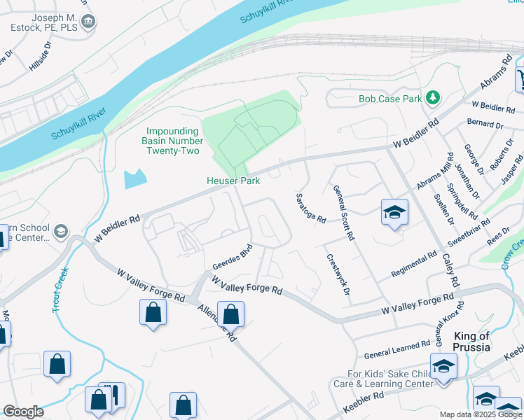 map of restaurants, bars, coffee shops, grocery stores, and more near 730 Whitetail Circle in King of Prussia