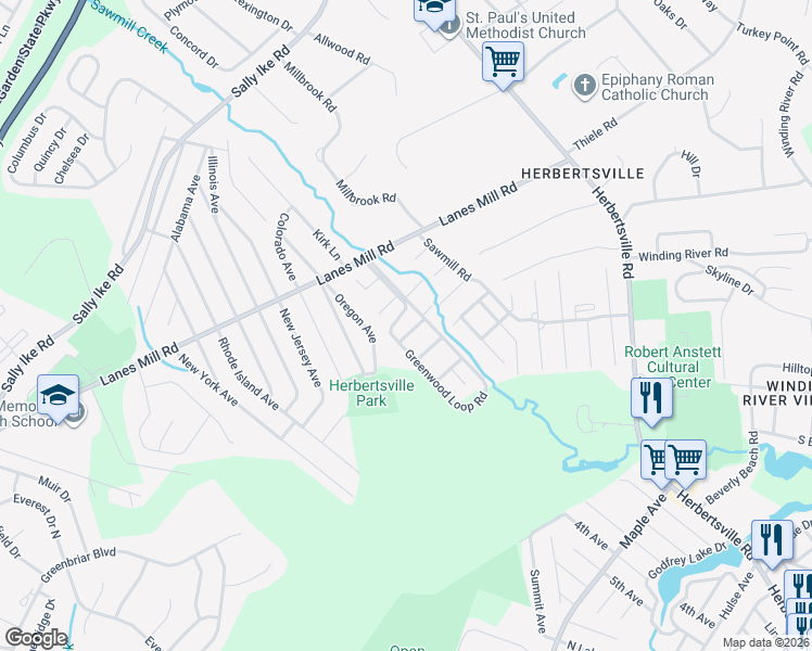 map of restaurants, bars, coffee shops, grocery stores, and more near 144 Greenwood Loop Road in Brick Township