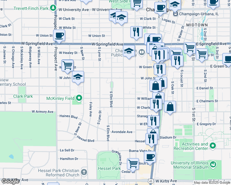 map of restaurants, bars, coffee shops, grocery stores, and more near 724 South Elm Boulevard in Champaign