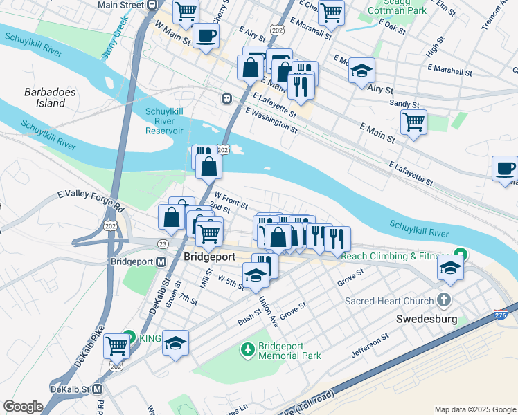 map of restaurants, bars, coffee shops, grocery stores, and more near 19 West Front Street in Bridgeport
