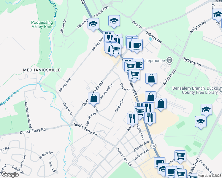 map of restaurants, bars, coffee shops, grocery stores, and more near 2816 Colmar Avenue in Bensalem