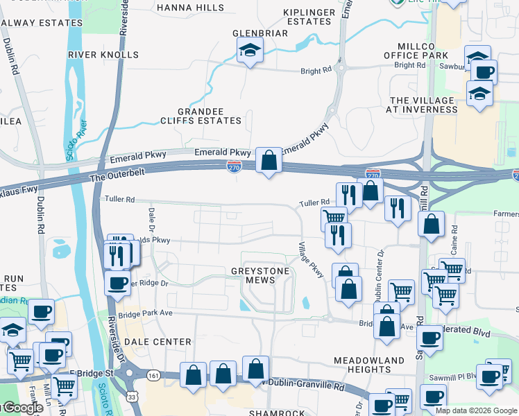 map of restaurants, bars, coffee shops, grocery stores, and more near 6906 Deardorff Street in Dublin