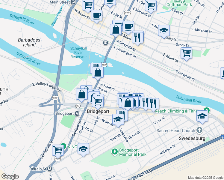 map of restaurants, bars, coffee shops, grocery stores, and more near 48 West Front Street in Bridgeport