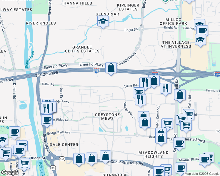 map of restaurants, bars, coffee shops, grocery stores, and more near 6906 Deardorff Street in Dublin