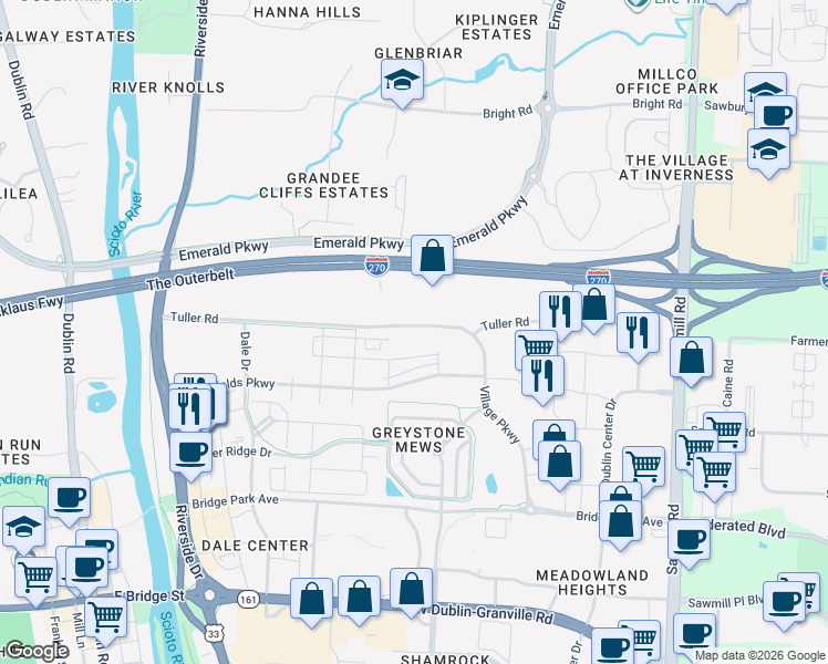 map of restaurants, bars, coffee shops, grocery stores, and more near 6906 Deardorff Street in Dublin