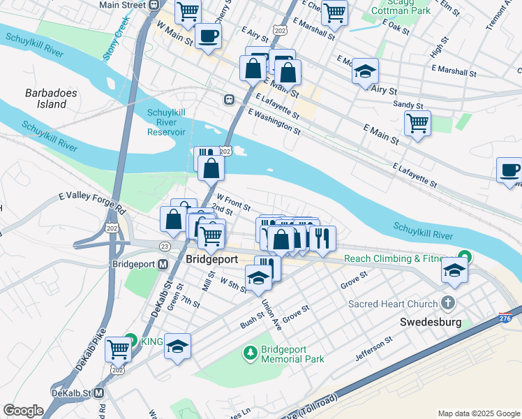 map of restaurants, bars, coffee shops, grocery stores, and more near 19 West Front Street in Bridgeport