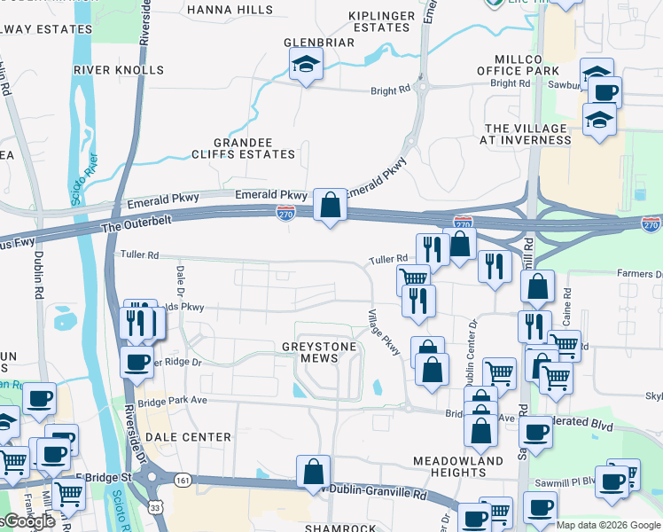 map of restaurants, bars, coffee shops, grocery stores, and more near 4230 Tuller Road in Dublin