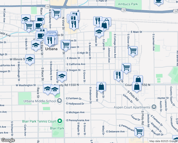 map of restaurants, bars, coffee shops, grocery stores, and more near 708 South Anderson Street in Urbana