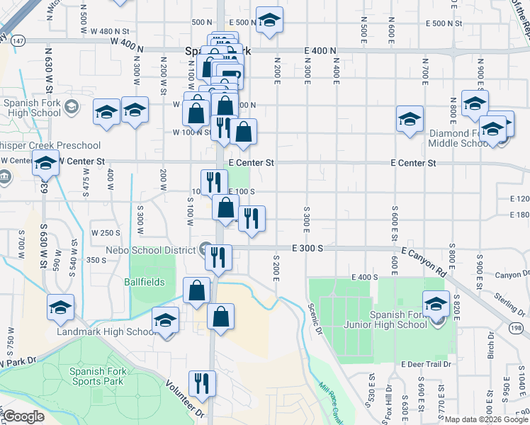 map of restaurants, bars, coffee shops, grocery stores, and more near 207 100 South in Spanish Fork