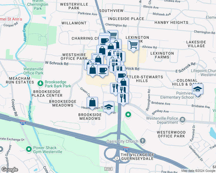 map of restaurants, bars, coffee shops, grocery stores, and more near 1 King Arthur Boulevard in Westerville