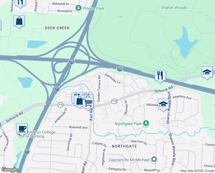 map of restaurants, bars, coffee shops, grocery stores, and more near 6761 Lancaster Lane in Columbus