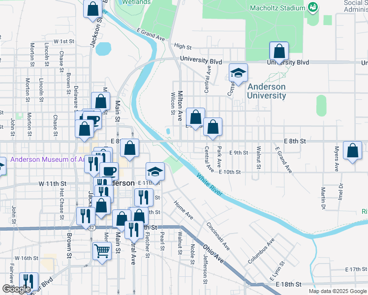 map of restaurants, bars, coffee shops, grocery stores, and more near 523 East 9th Street in Anderson