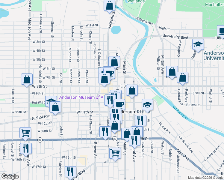 map of restaurants, bars, coffee shops, grocery stores, and more near 900 Jackson Street in Anderson