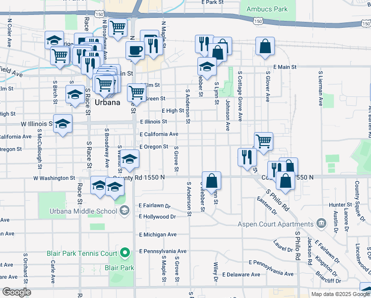 map of restaurants, bars, coffee shops, grocery stores, and more near 708 South Anderson Street in Urbana