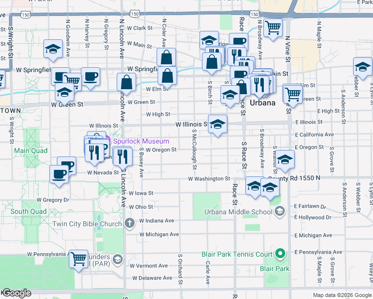 map of restaurants, bars, coffee shops, grocery stores, and more near 707 South McCullough Street in Urbana