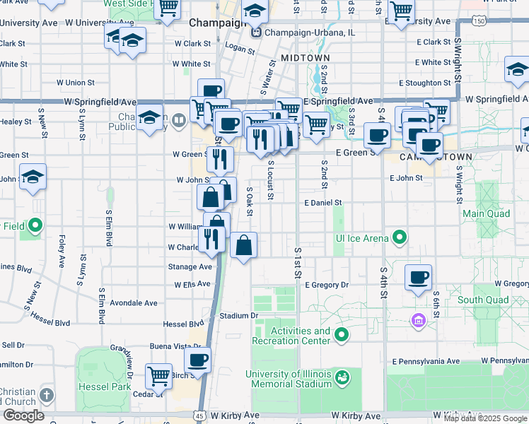 map of restaurants, bars, coffee shops, grocery stores, and more near 909 South Locust Street in Champaign