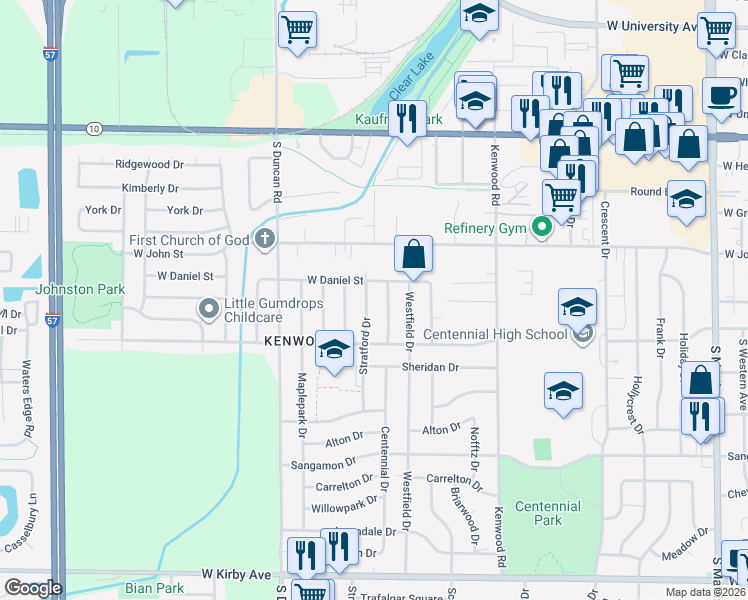 map of restaurants, bars, coffee shops, grocery stores, and more near 810 Stratford Drive in Champaign