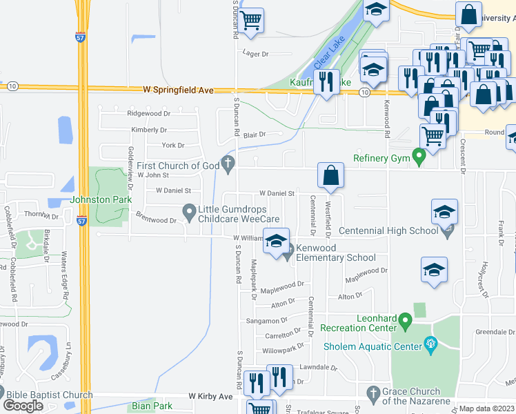 map of restaurants, bars, coffee shops, grocery stores, and more near 901 Maplepark Drive in Champaign