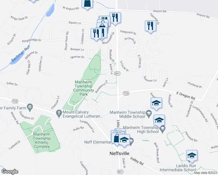 map of restaurants, bars, coffee shops, grocery stores, and more near Cypress Drive in Lancaster County