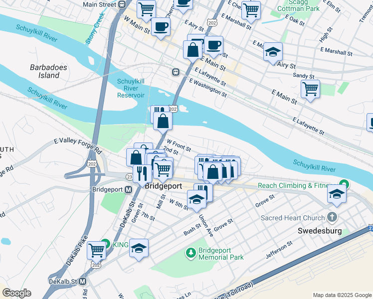 map of restaurants, bars, coffee shops, grocery stores, and more near 48 West Front Street in Bridgeport