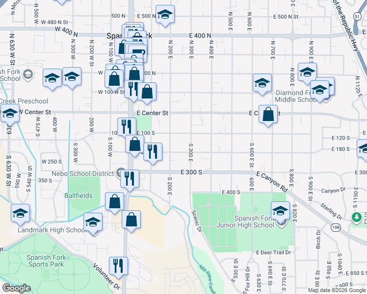 map of restaurants, bars, coffee shops, grocery stores, and more near 312 East 200 South in Spanish Fork