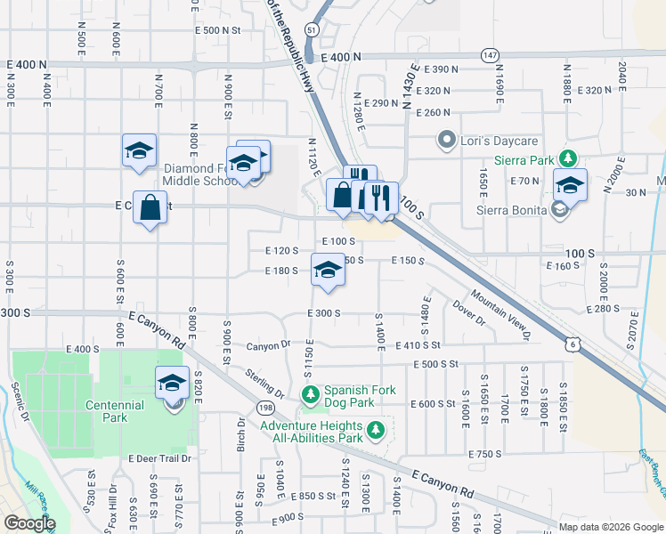 map of restaurants, bars, coffee shops, grocery stores, and more near 180 South 1150 East in Spanish Fork