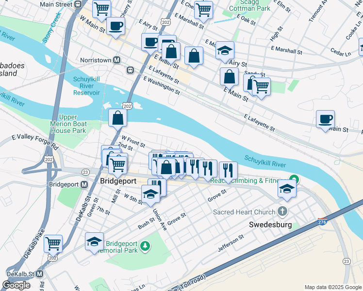 map of restaurants, bars, coffee shops, grocery stores, and more near 55 East Front Street in Bridgeport