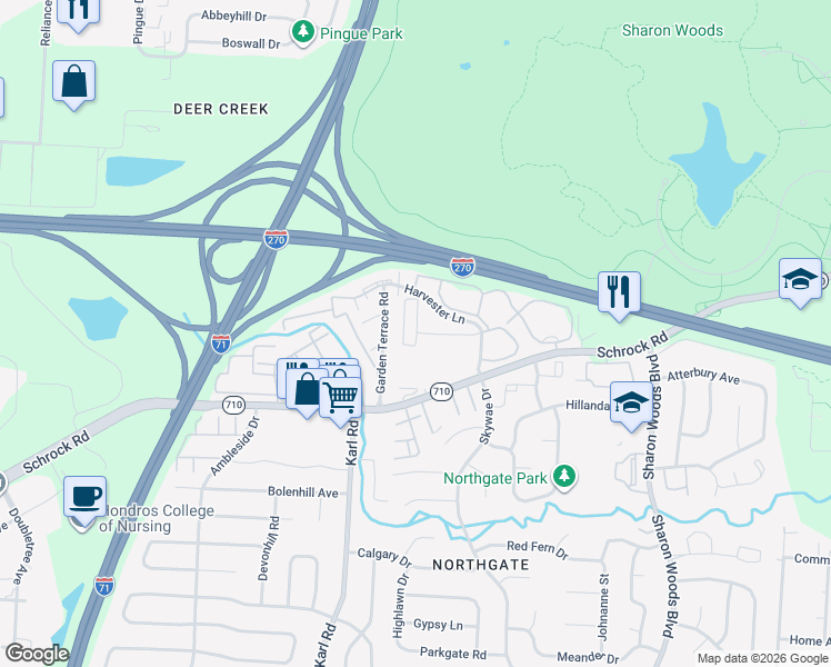 map of restaurants, bars, coffee shops, grocery stores, and more near 6761 Lancaster Lane in Columbus