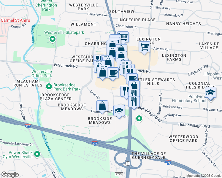 map of restaurants, bars, coffee shops, grocery stores, and more near 66 Merlin Drive in Westerville