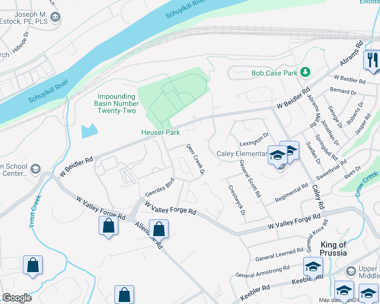 map of restaurants, bars, coffee shops, grocery stores, and more near 721 Deer Creek Drive in King of Prussia